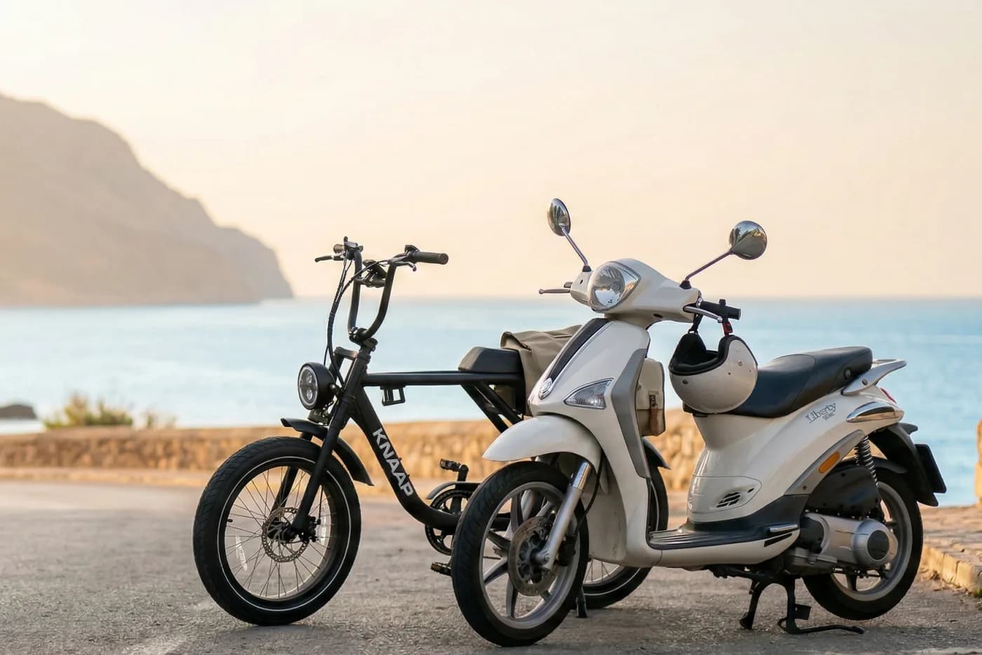 Witte scooter en zwarte fatbike aan de kust van Jávea bij zonsondergang